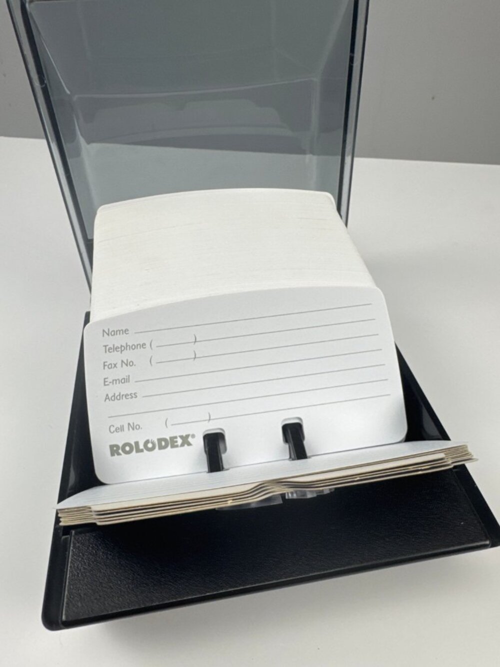 ROLODEX VTG Address Organizer Cards XR-40 Flip Case Small Compact Smoked Black